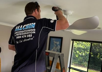 Man Installing Ceiling Fan — Air-Conditioning and Refrigeration in Sunshine Coast, QLD